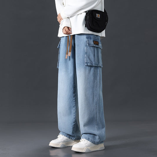 Loose Straight Wide-leg Pants Draping Gradient Washed Jeans For Men.